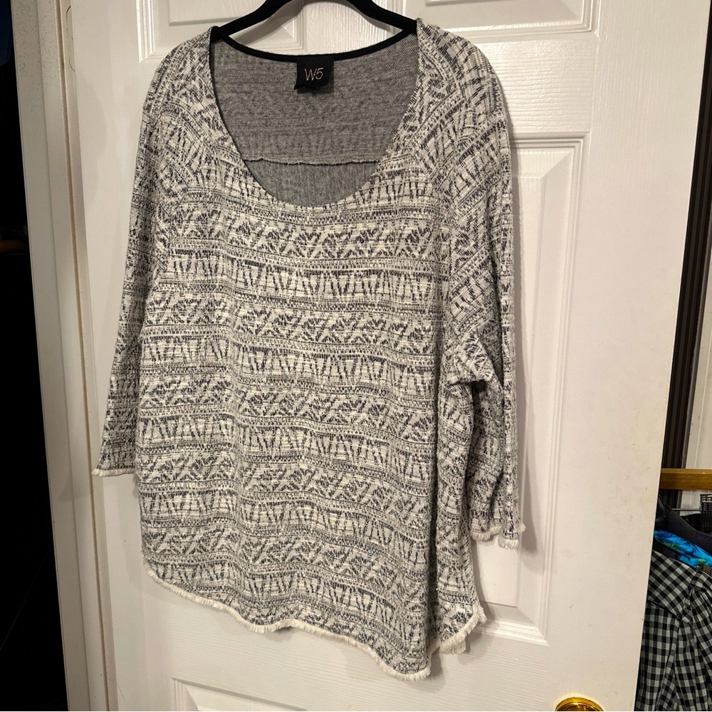 Anthropologie W5 2X Black White Print 3/4 SLEEVE Fringed Cotton Blend  Knit Top